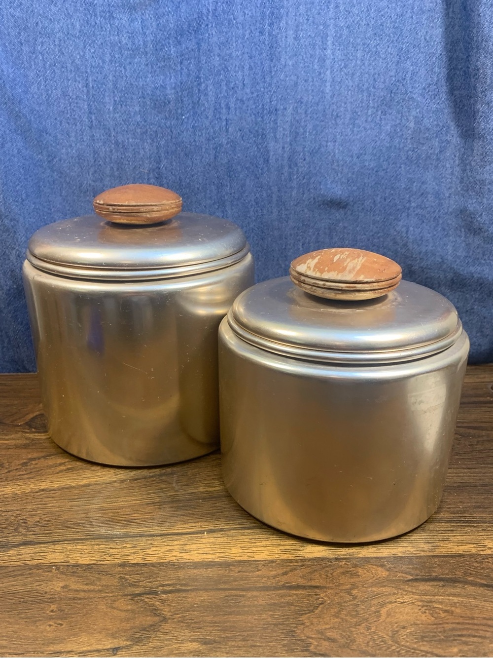 Vintage Mirro Aluminum Canisters Set of 2 MCM 1950s Wood Knob Lids USA